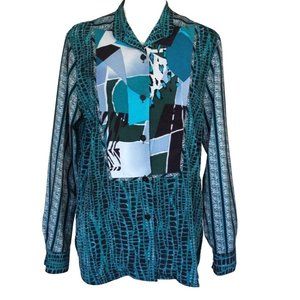 Koos of Course Top Womens Size S Wearable Art Button Up Blouse Teal Black Gray L